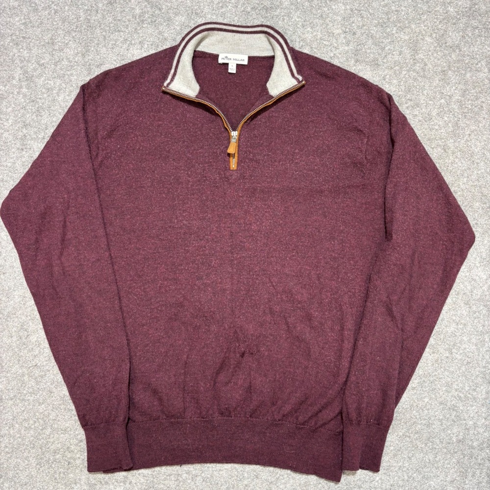 Peter Millar Mens Large Burgundy Heather Quarter Zip Pullover Sweater Hole 0221